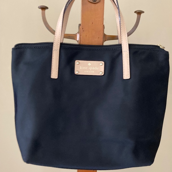 KATE SPADE BLACK NYLON TOTE PURSE LEATHER HANDLES - Picture 1 of 7
